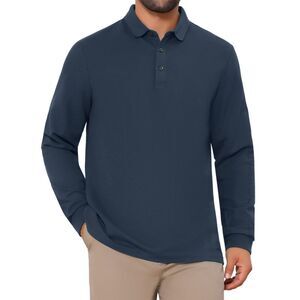 Classic Solid Color Long Sleeves Basic Golf Polo T-Shirts Dark Blue